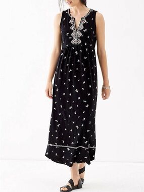 J Jill Black Embroidered Midi Dress Floral Boho Cotton Modal Sleeveless M